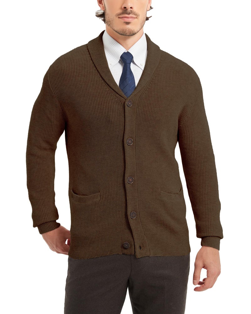 Kallspin Men's Wool Blend Shawl Collar Cardigan Sweater Button Down Knitwear with Pockets(Dark Brown, X-Large) - Image 1