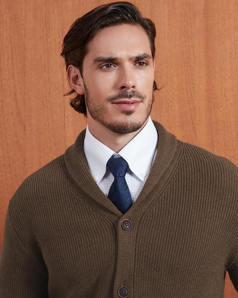 Kallspin Men's Wool Blend Shawl Collar Cardigan Sweater Button Down Knitwear with Pockets(Dark Brown, X-Large) - Image 4