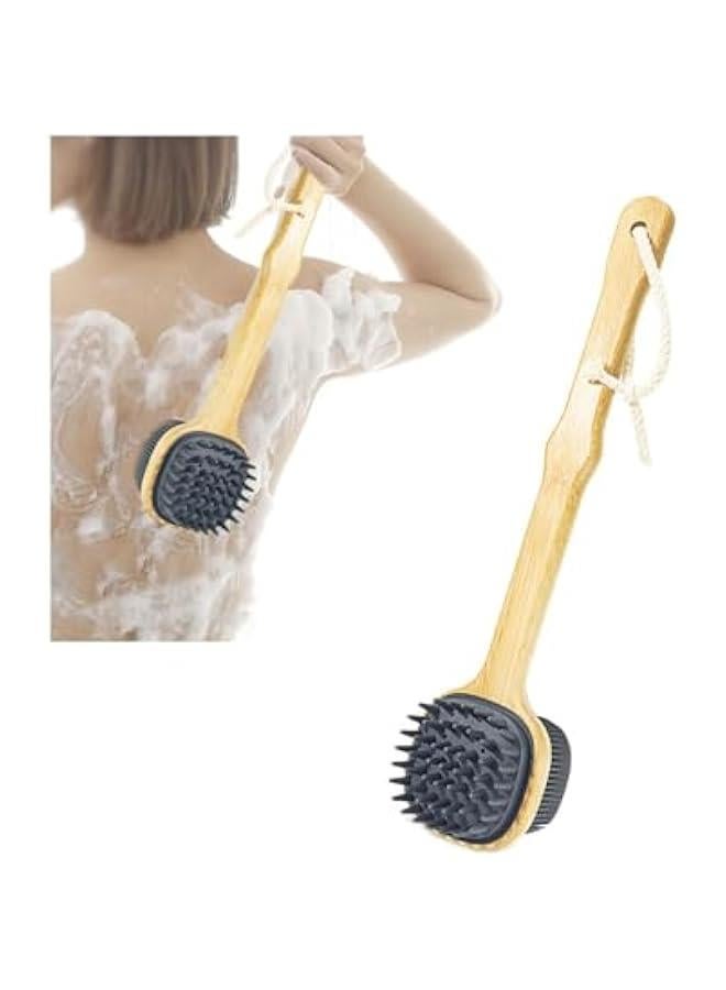 HOOKOR Dual-Sided Body Brush, Silicone Scrubber Shower Exfoliator with Long Handle,Bamboo Handle Body Scrubber with Lanyard,No harm to skin - Image 1