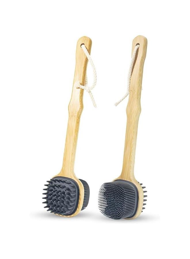 HOOKOR Dual-Sided Body Brush, Silicone Scrubber Shower Exfoliator with Long Handle,Bamboo Handle Body Scrubber with Lanyard,No harm to skin - Image 2