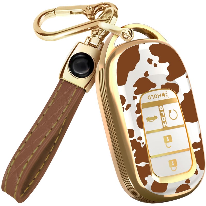 Lucrum Compatible with Honda Key Fob Cover & Leather Keychain - TPU Keyfob Case for Accord Civic CR-V HR-V Pilot Ridgeline, For 5 Button Remote (2022-2026) - Cow Vibe - Image 1