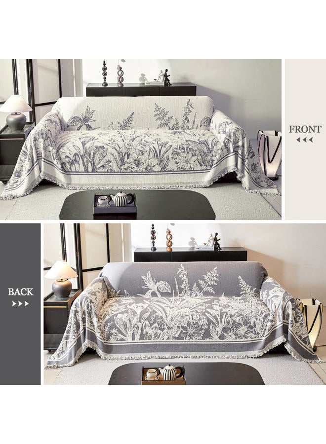 DREAMINGO Floral Sofa Cover Plush Couch Cover for Dogs Jacquard Farmhouse Couch Cover for 3 Cushion Couch Washable Thick Couch Cover Blanket Living Room Vintage Furniture Protector, 71"x134", Grey - Image 2