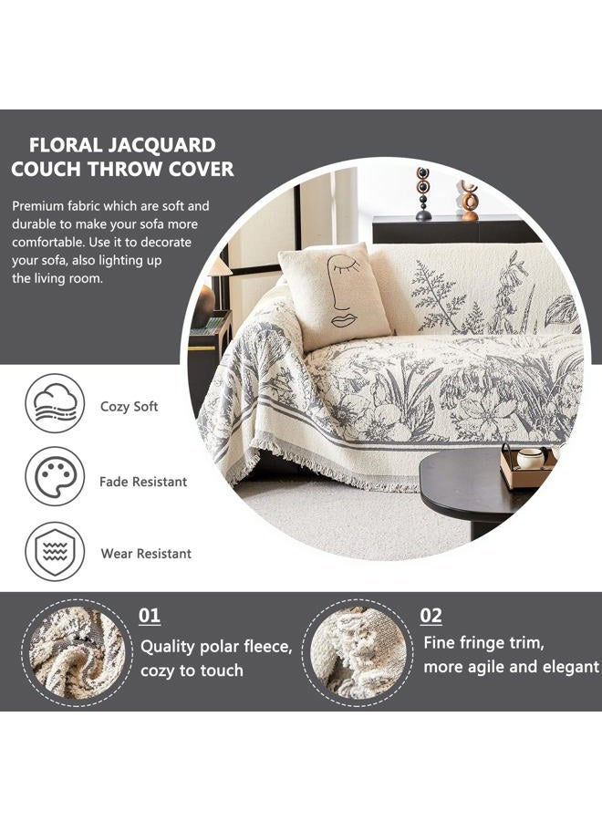 DREAMINGO Floral Sofa Cover Plush Couch Cover for Dogs Jacquard Farmhouse Couch Cover for 3 Cushion Couch Washable Thick Couch Cover Blanket Living Room Vintage Furniture Protector, 71"x134", Grey - Image 4