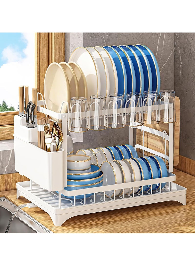 Scrolls Dish Drying Rack With Drainer, 2 Tier Rustproof Stand for Kitchen Countertop,Cutting Board Holder,Cup Holder, Cutlery Rack,Large Capacity for Kitchen Countertop Saving Space 42x29x29cm (White)  - Image 1