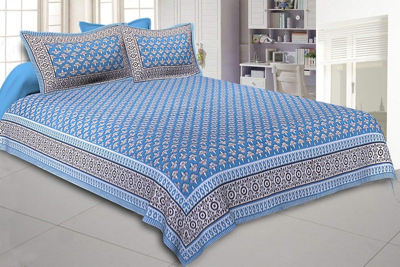 Texstylers Cotton Jaipuri Print 150 TC Queen Size Bedsheet with 2 Pillow Covers Firozi Blue - Image 1