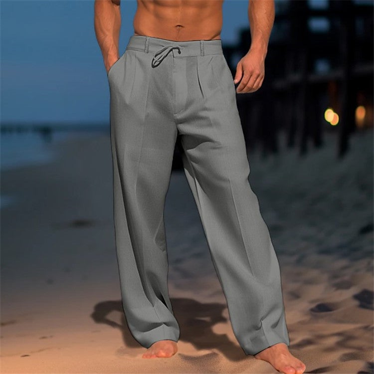 2025 Men's Linen Trousers Summer Beach Pants Front Bag Solid Color Breathable Casual Daily Vacation Basic