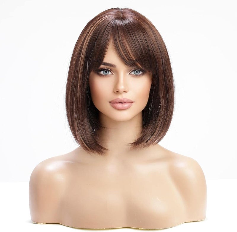 ASSU Synthetic Bob Wig for Women – Short Straight Hair with Highlights & Bangs | Natural-Looking Hair Wigs | Lightweight & Comfortable - Image 1