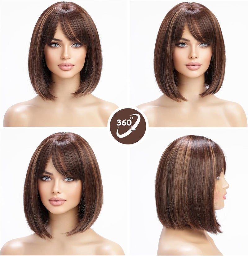 ASSU Synthetic Bob Wig for Women – Short Straight Hair with Highlights & Bangs | Natural-Looking Hair Wigs | Lightweight & Comfortable - Image 4