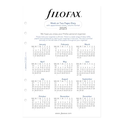 FILOFAX فيلوفاكس تقويم يوميات إعادة التعبئة، مقاس A5، عرض أسبوعي مع المواعيد، ورق أبيض، إنجليزي، 2025 (C68521R-25) - Image 2