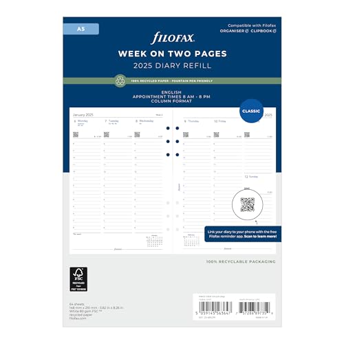 FILOFAX فيلوفاكس تقويم يوميات إعادة التعبئة، مقاس A5، عرض أسبوعي مع المواعيد، ورق أبيض، إنجليزي، 2025 (C68521R-25) - Image 1