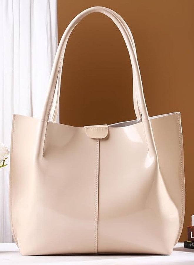 AKSUTI Casual Patent Synthetic Leather Tote Bag for Women - Stylish Handbag, Spacious, Durable & Versatile Shoulder Bag (Beige) - Image 3