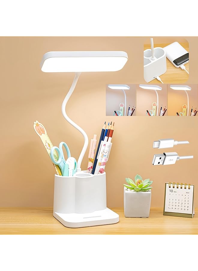 إيروريكس مصباح مكتبي LED للقراءة والكتابة مع منفذ USB للتحكم باللمس للشحن و3 ألوان قابلة للتعديل من الأسفل مع حامل قلم وحامل هاتف محمول ومصباح دراسة للأطفال والمنزل والمكتب - Image 1