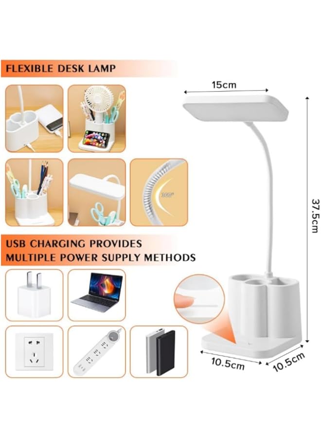 إيروريكس مصباح مكتبي LED للقراءة والكتابة مع منفذ USB للتحكم باللمس للشحن و3 ألوان قابلة للتعديل من الأسفل مع حامل قلم وحامل هاتف محمول ومصباح دراسة للأطفال والمنزل والمكتب - Image 4