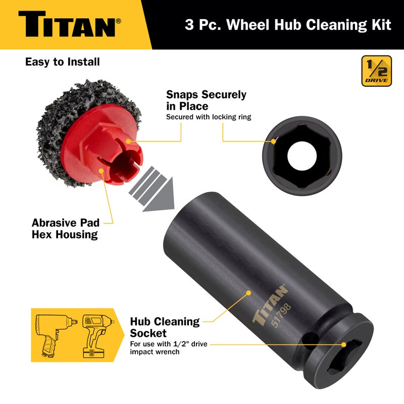 Titan 51798 Wheel Hub Cleaning Kit, Includes 1/2-Inch Drive Impact Socket & Brake Disc Cleaning Pads - Image 4
