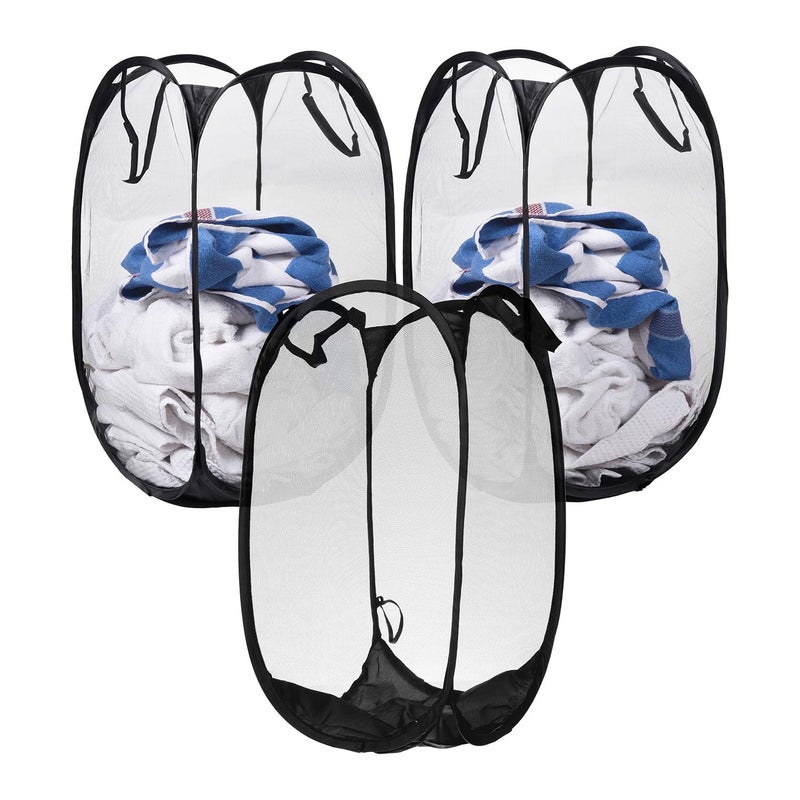 Kuber Industries Laundry Basket | Net Foldable Laundry | Nylon Storage Basket with Handle | Clothes Basket | Toy Storage | 30 LTR | Pack of 3 | Black - Image 1