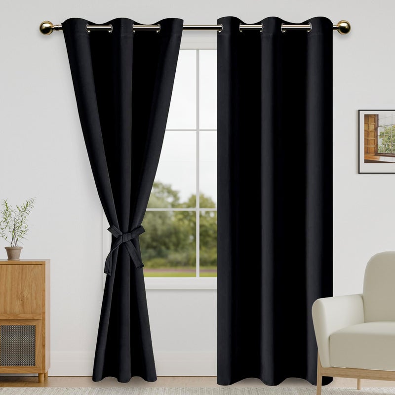 DWCN Black Blackout Curtains for Bedroom 84 inch Length 2 Panels Set  Thermal Insulated Light Blocking Grommet Curtain Drapes for Living Room Sewn with Tiebacks 42 x 84 inches 2 Panels