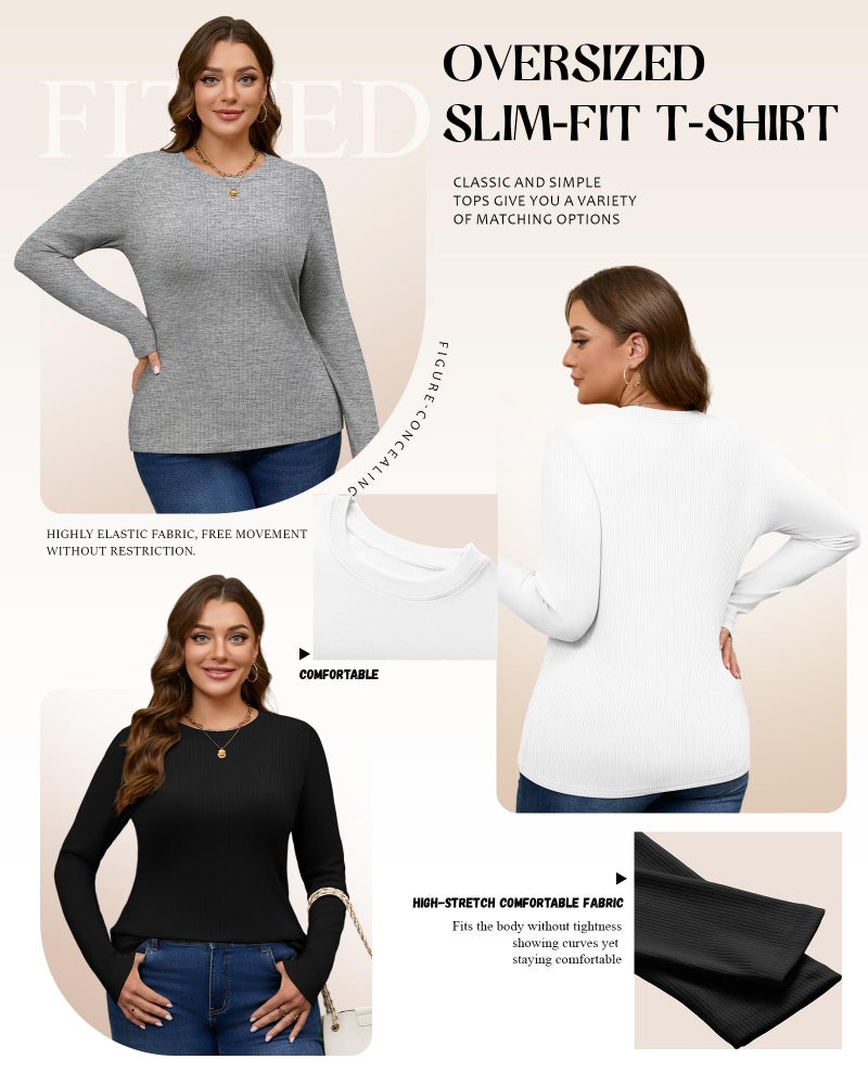 Evervibe 3 Pack Plus Size Thermal Shirts for Women Long Sleeve Ribbed Knit Underwear Tops Base Layer Tee(Black, Light Gray, White,4X-Large) - Image 5
