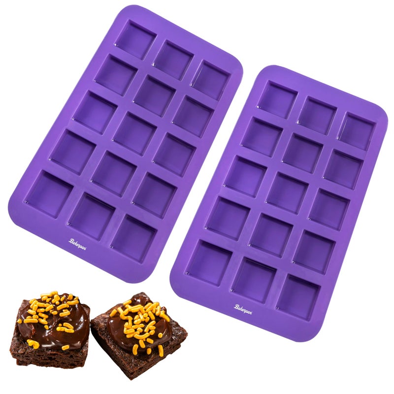 Bakerpan Silicone Brownie Mold for Baking Individual Bite Size 15 Inch Brownie Squares Silicone Brownie Pan with dividers 15 Cavities Set of 2