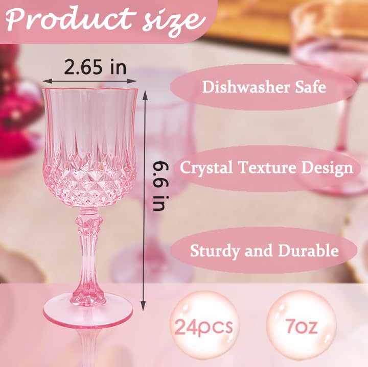 LEYIQU Plastic Wine Glasses，Plastic Goblets Vintage Style Cordial Drinking Glasses for Wedding Reception, Grand Event Party Supplies (24, Pink) - Image 2