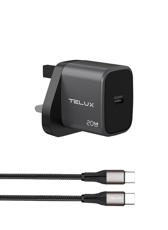 TELUX VOLTFLOW 20W GaN Wall Charger with USB-C Cable, Fast Charging 20W PD USB-C Port, Safe Overcharge & Short Circuit Protection, Compact & Universal Compatibility, Black - Image 1