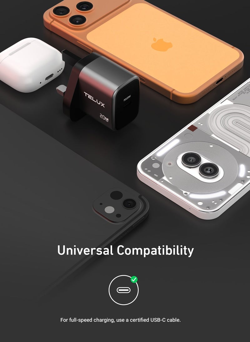 TELUX VOLTFLOW 20W GaN Wall Charger with USB-C Cable, Fast Charging 20W PD USB-C Port, Safe Overcharge & Short Circuit Protection, Compact & Universal Compatibility, Black - Image 5