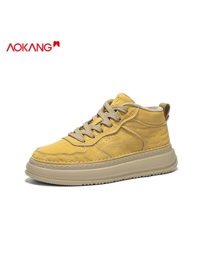 Aokang Men's Casual Mid-top Sneakers Autumn Winter Fashion Versatile Fleece-lined Cotton Shoes Pine Yellow Size 44 - Image 1