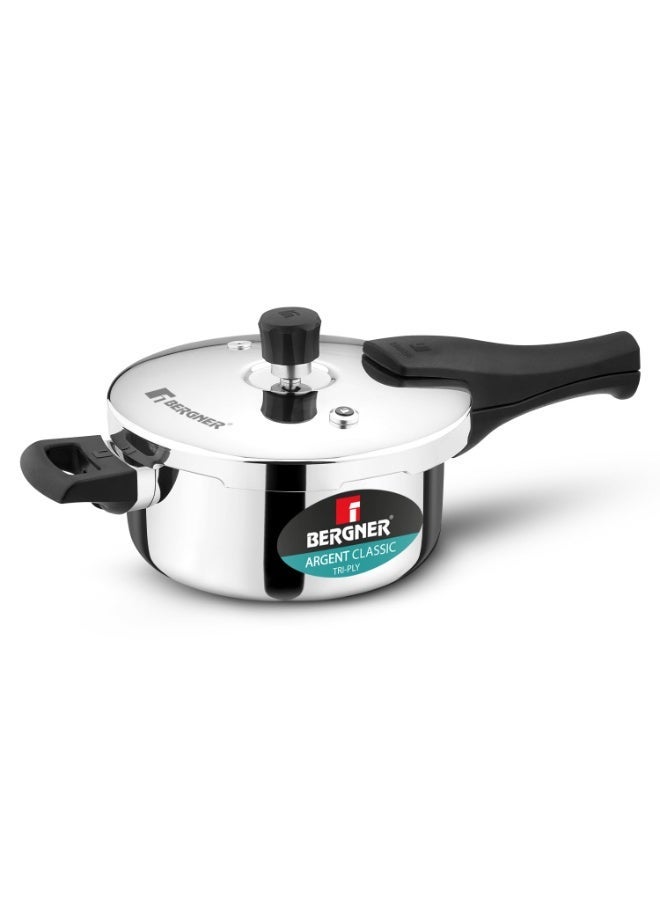 Bergner Argent Classic Triply Stainless Steel 3.5 Liters Outer Lid Pressure Pan, Triply Cooker with Resettable Safety Valve, Sturdy Handle, Easy to Use and Clean - Induction and Gas Stove Ready