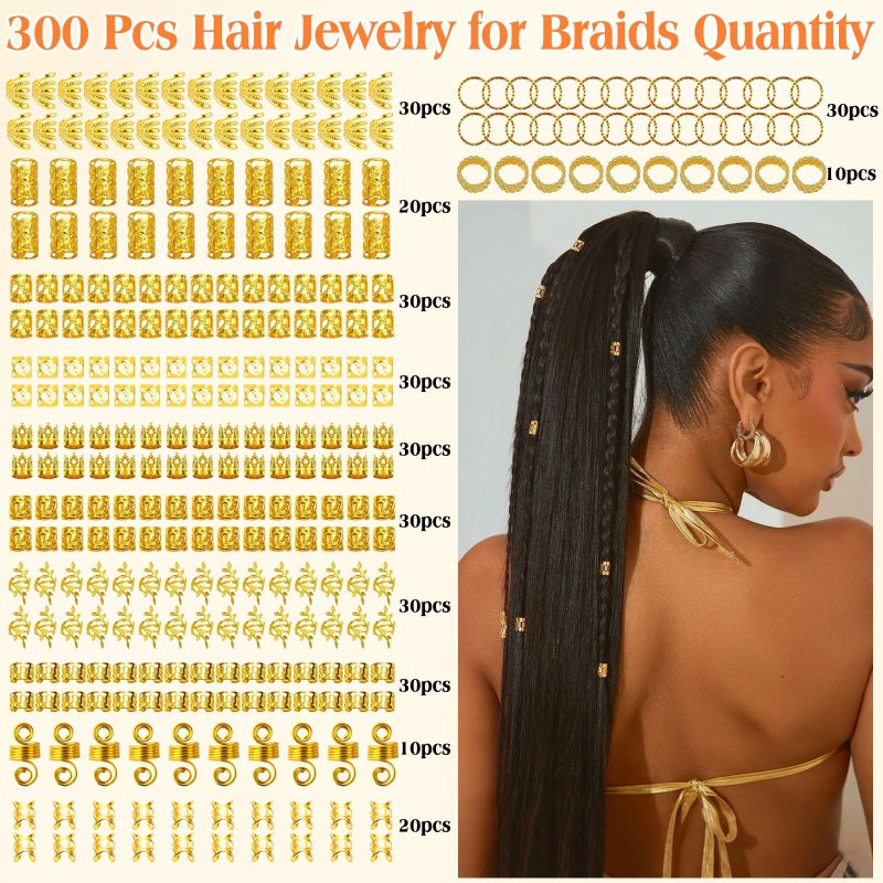 Cypsin 300 Pcs Gold Hair Jewelry for Braids,12 Styles Dreadlock Accessories, Adjustable Metal Hair Clips, Hair Cuff Coils Rings Braiding Decorations for Women Men - Image 3