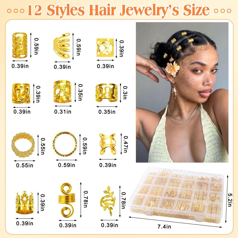 Cypsin 300 Pcs Gold Hair Jewelry for Braids,12 Styles Dreadlock Accessories, Adjustable Metal Hair Clips, Hair Cuff Coils Rings Braiding Decorations for Women Men - Image 2