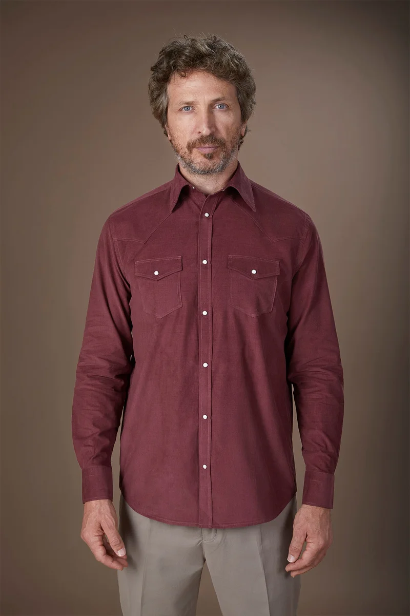 Men's casual shirt with classic collar 100% cotton 1000 striped velvet fabric plain colour - Wine