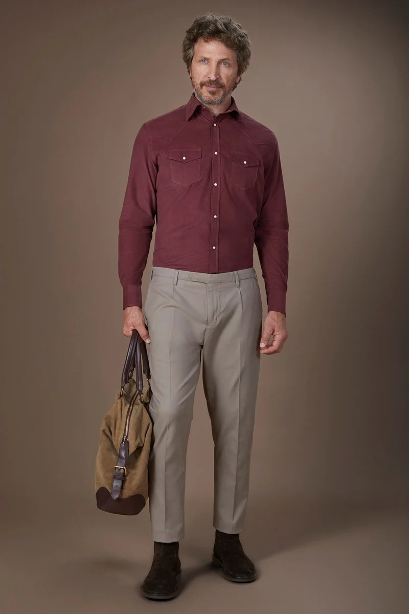 Doppelganger Red Men's casual shirt with classic collar 100% cotton 1000 striped velvet fabric plain colour - Wine for Men | Best Price UAE