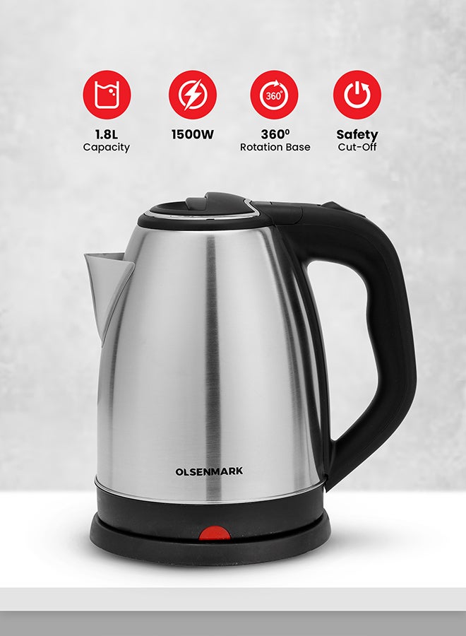 Olsenmark Electric Kettle with Large Capacity, 360-Degree Rotating Base, Dry Boil, Overheat Protection & Easy to Use and Clean Silver/Black 1.8 L 1500 W OMK2356 Silver/Black - Image 1