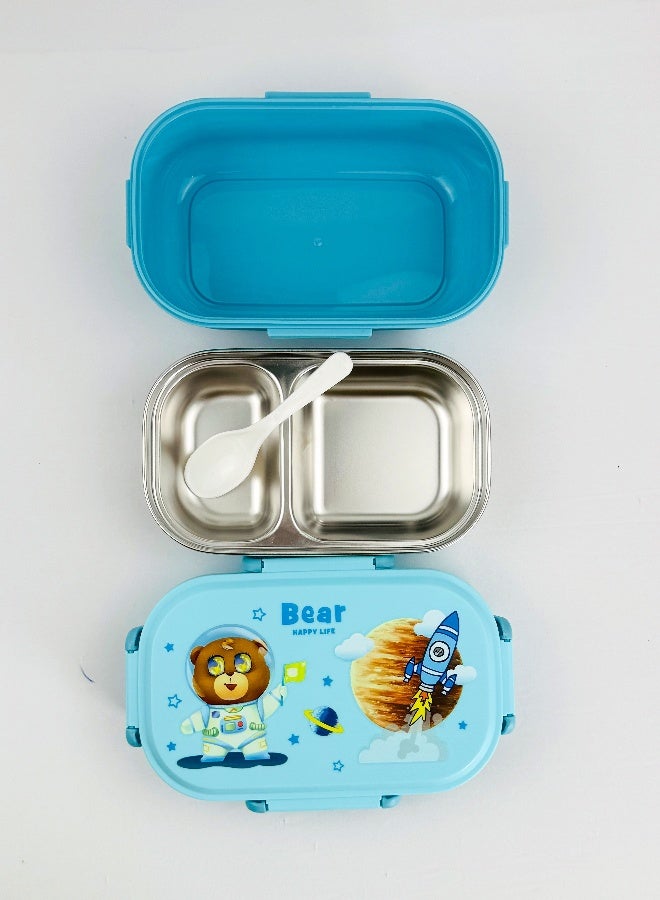 توشيونيكس صندوق غداء من الفولاذ المقاوم للصدأ - سعة 1.2 لتر - مع حجرتين، ملعقة، آمن للاستخدام في الميكروويف، غطاء مانع للتسرب، خالٍ من مادة BPA، آمن للاستخدام في غسالة الأطباق والفريزر - تصميم دب كرتوني للأطفال بطابع فضائي - مثالي للمدرسة، ودور الحضانة، والسفر - 20 × 12 × 5 سم - Image 2