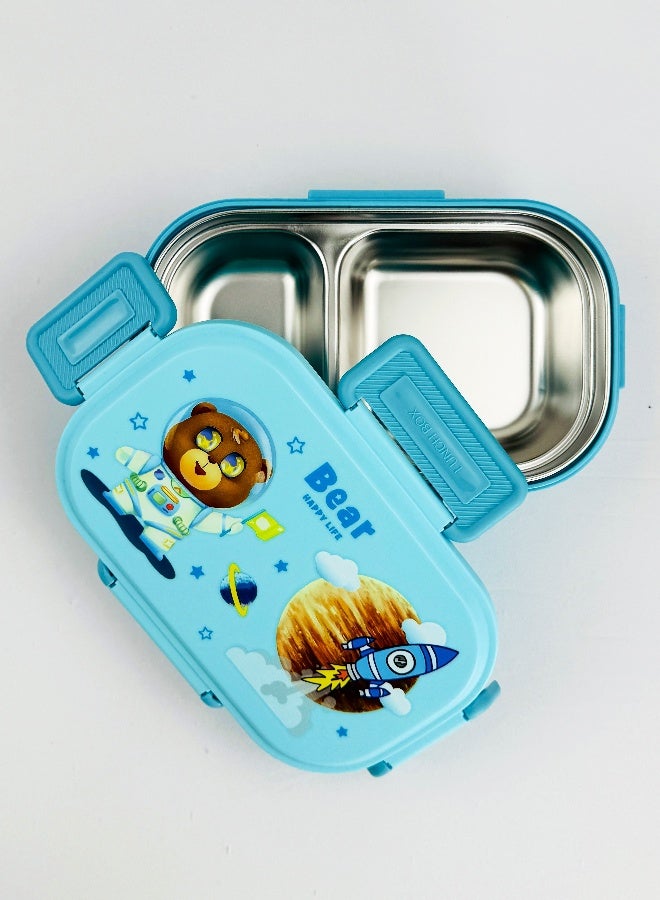 توشيونيكس صندوق غداء من الفولاذ المقاوم للصدأ - سعة 1.2 لتر - مع حجرتين، ملعقة، آمن للاستخدام في الميكروويف، غطاء مانع للتسرب، خالٍ من مادة BPA، آمن للاستخدام في غسالة الأطباق والفريزر - تصميم دب كرتوني للأطفال بطابع فضائي - مثالي للمدرسة، ودور الحضانة، والسفر - 20 × 12 × 5 سم - Image 3