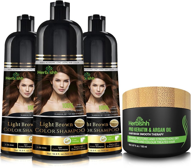 Herbishh Ultimate Hair Color Shampoo Kit - 3Pcs Light Brown Hair Color Shampoo 500 ml + 1 Argan Hair Mask 150 ml - Image 1