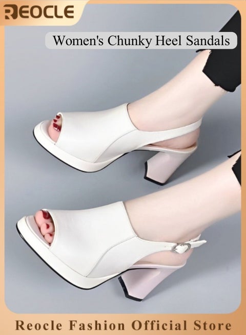 Women's Chunky Heel Sandals Fish Mouth Platform Sandals One Line Buckle High Heel Sandals Open Toe Sandals PU Sandals with Arch Support Comfortable Walking Sandals