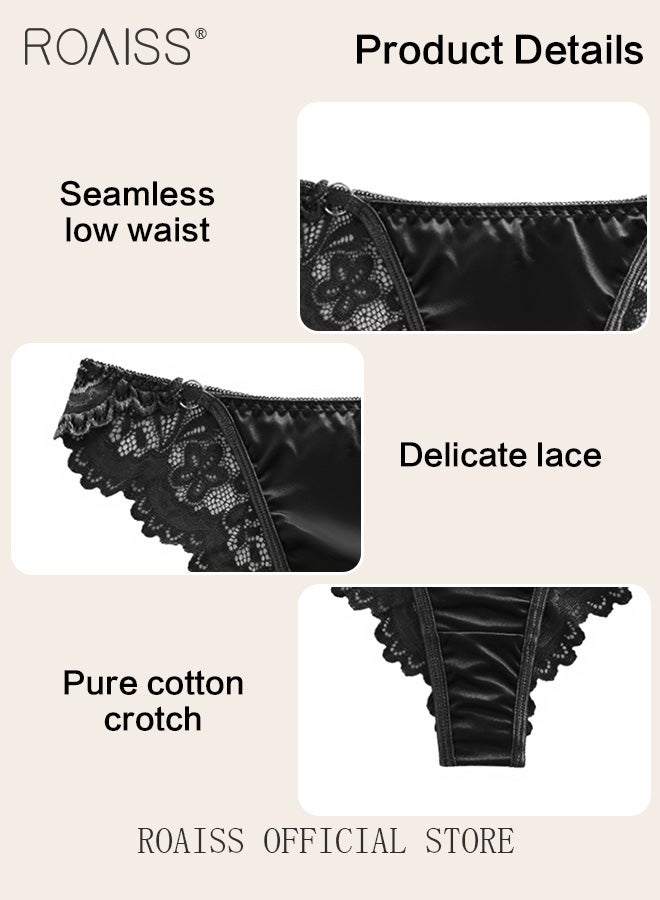 roaiss 2 Piece Floral Lace Briefs for Women Ladies Seamless Low Waist Pure Cotton Crotch Underwear Stitching Soft Panties for Girls Comfy and Breathable Underpants Multicolor  - Image 2