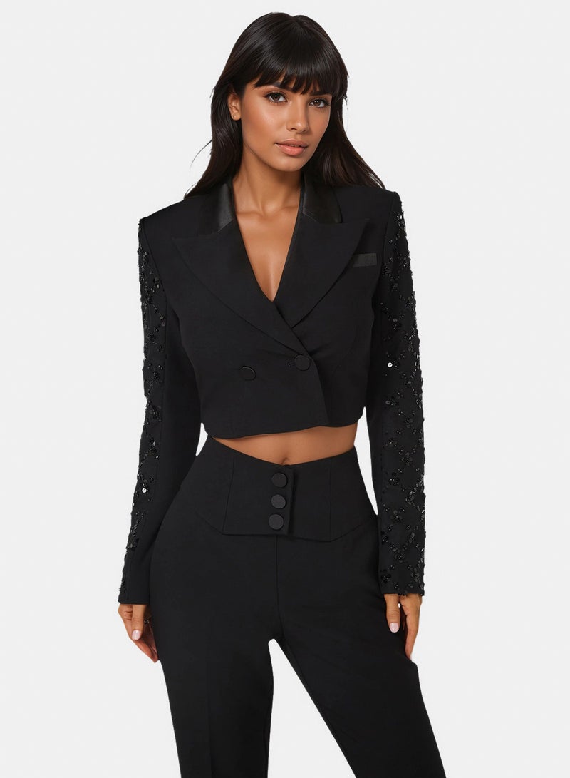 bebe Tailored Beaded Sleeves Cropped Blazer - Image 1
