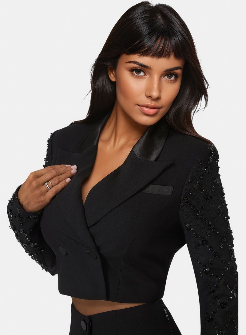 bebe Tailored Beaded Sleeves Cropped Blazer - Image 4