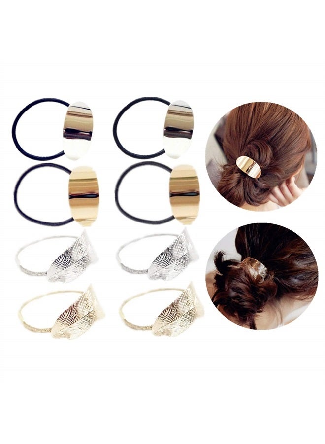Jinyu 8 Pcs Metal Leaf Hair Rope Hairband Ponytail Holder Hair Ring Crystal Elastic Rubber Band Hair Tie Hair Headdress Hair Accessories -2 Styles Gold and Silver - Image 1