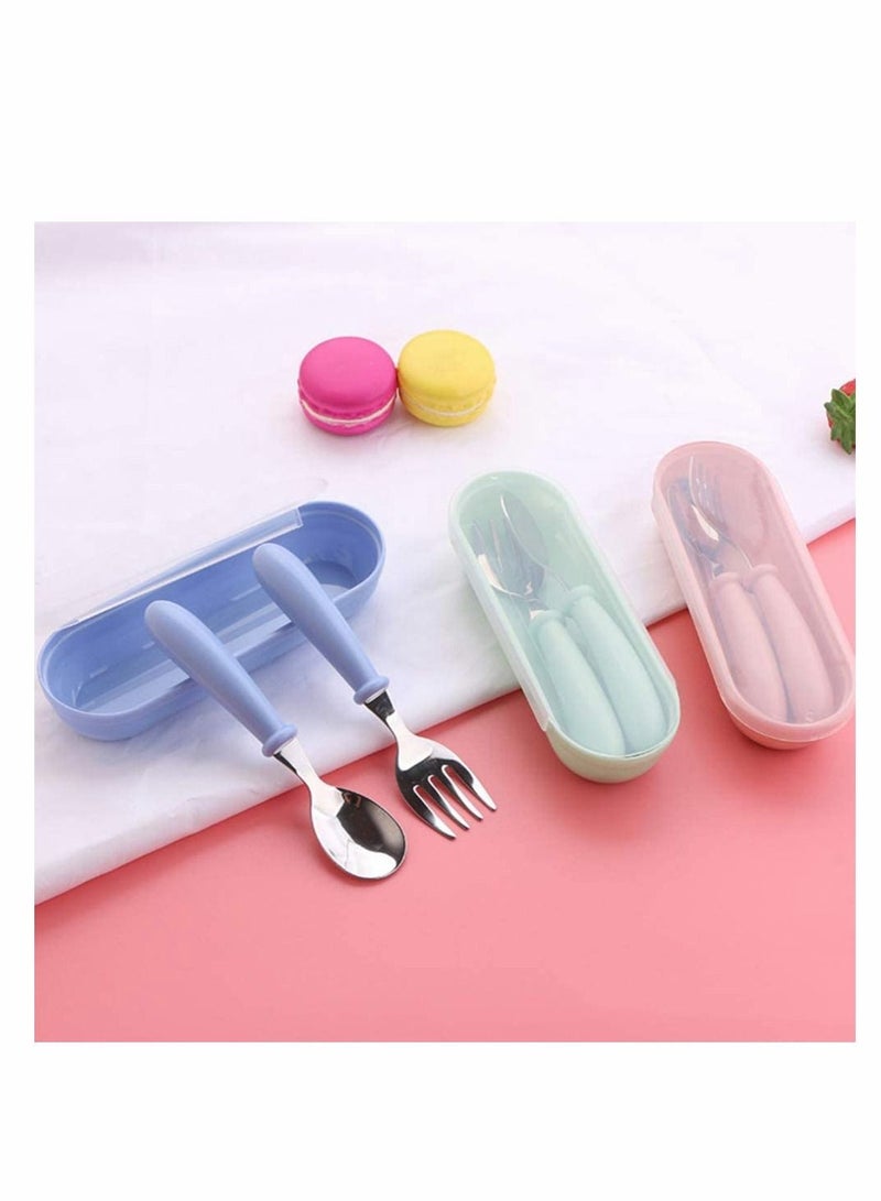 KASTWAVE 1 مجموعة أدوات طعام للأطفال، مع مقبض سيليكون، أدوات أكل للأطفال، شوكة وملعقة طقم أدوات مائدة من الفولاذ المقاوم للصدأ، أدوات مائدة للأطفال مع علب سفر - Image 2