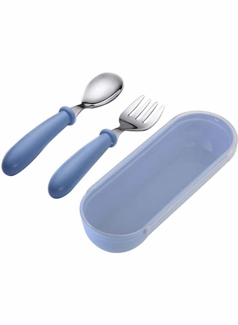 KASTWAVE 1 مجموعة أدوات طعام للأطفال، مع مقبض سيليكون، أدوات أكل للأطفال، شوكة وملعقة طقم أدوات مائدة من الفولاذ المقاوم للصدأ، أدوات مائدة للأطفال مع علب سفر - Image 4