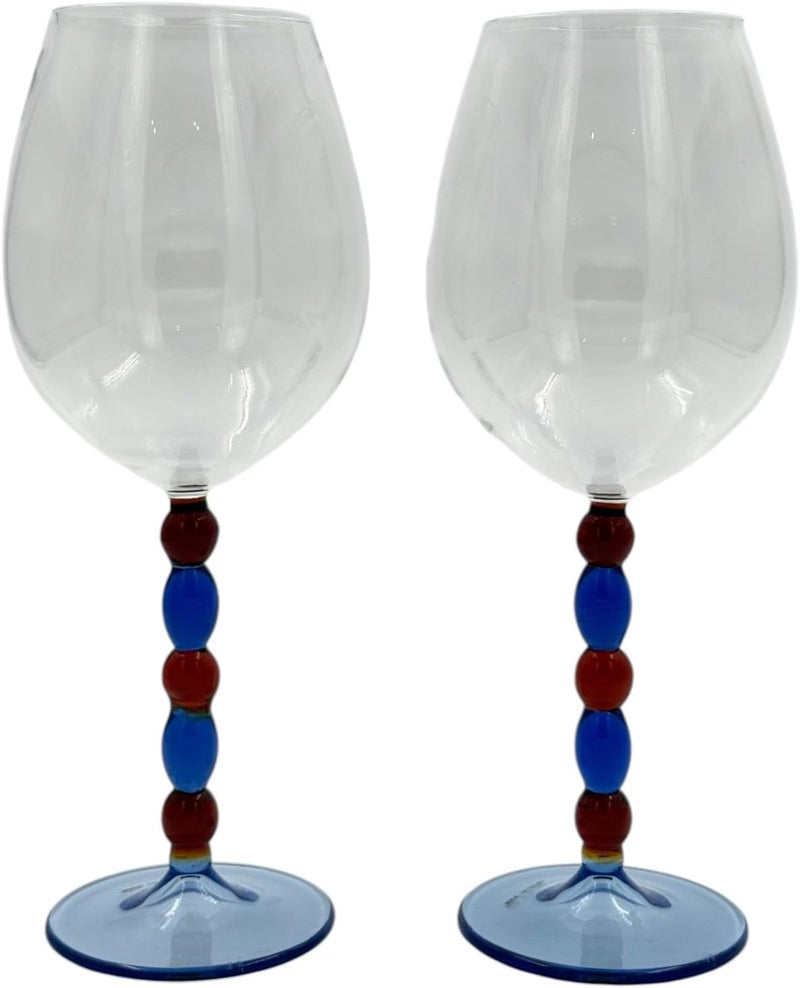 بي آند دي طقم كأس نبيذ زخرفي من B&D، عدد 2، سعة 615 مل، مزود بجذع مرصع بالخرز باللونين الأزرق والبرغندي - Image 4