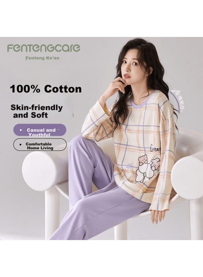 Fentengcare Women's 100% Cotton Crew Neck Pullover Long Sleeve Loose Fit Pajamas Soft Cotton Homewear Autumn Winter New Yr - Image 1
