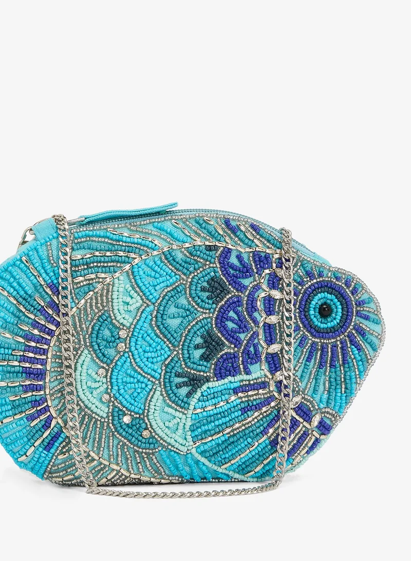 Namshi X Blue Embroidered Beaded Fish Clutch With Chain for Women | Best Price UAE