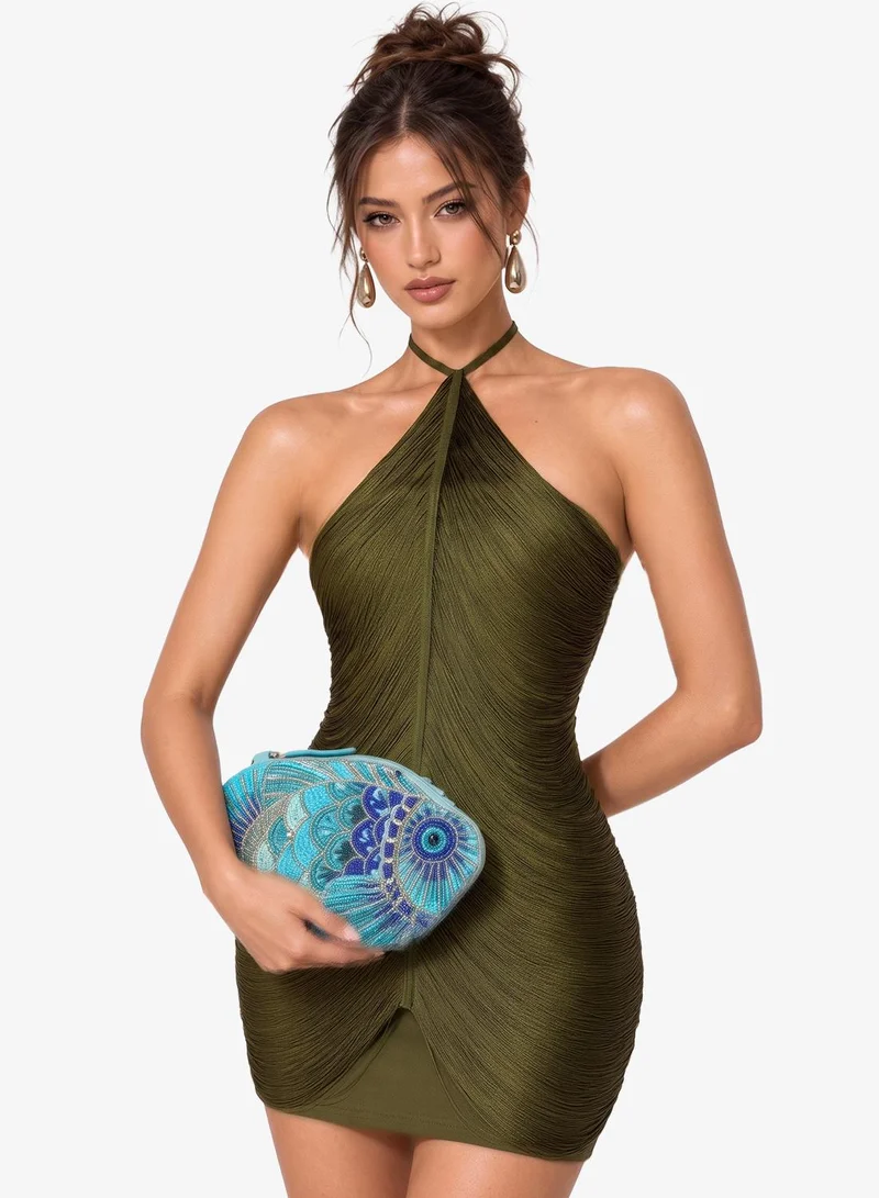 Embroidered Beaded Fish Clutch With Chain