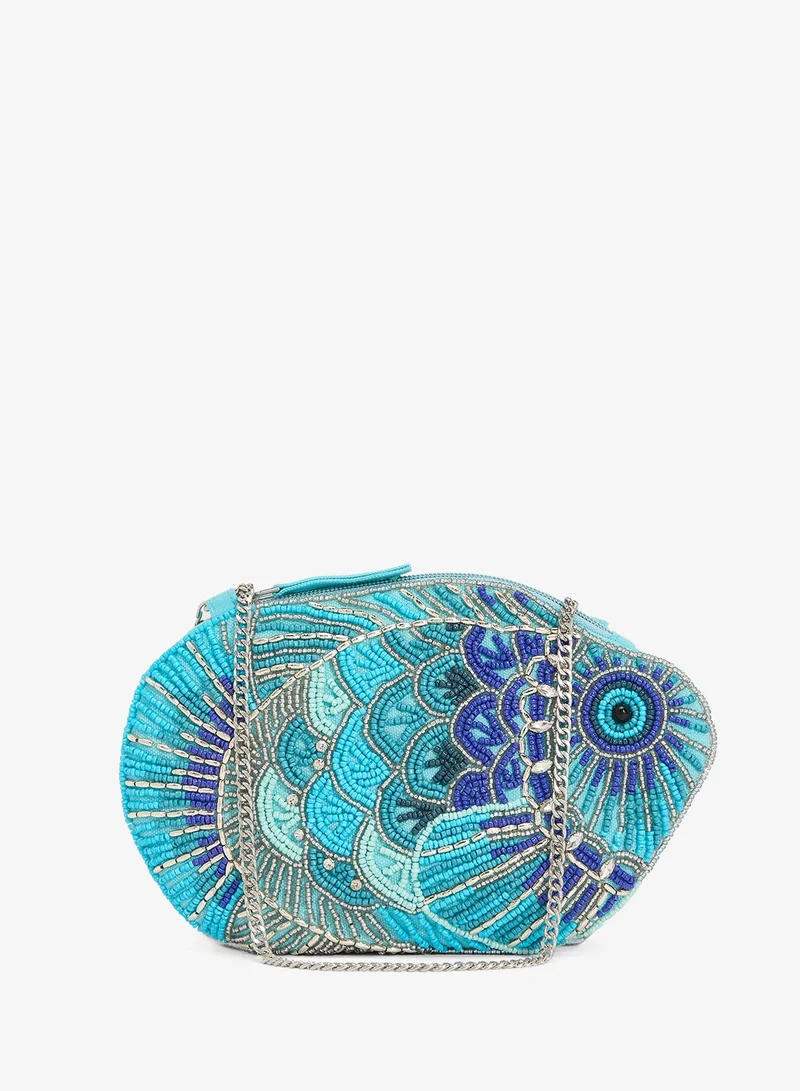 Namshi X Embroidered Beaded Fish Clutch With Chain