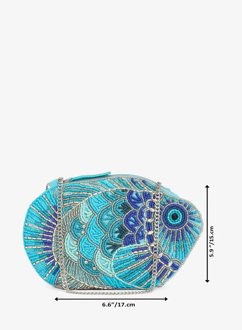 Namshi X Blue Embroidered Beaded Fish Clutch With Chain for Women | Best Price UAE