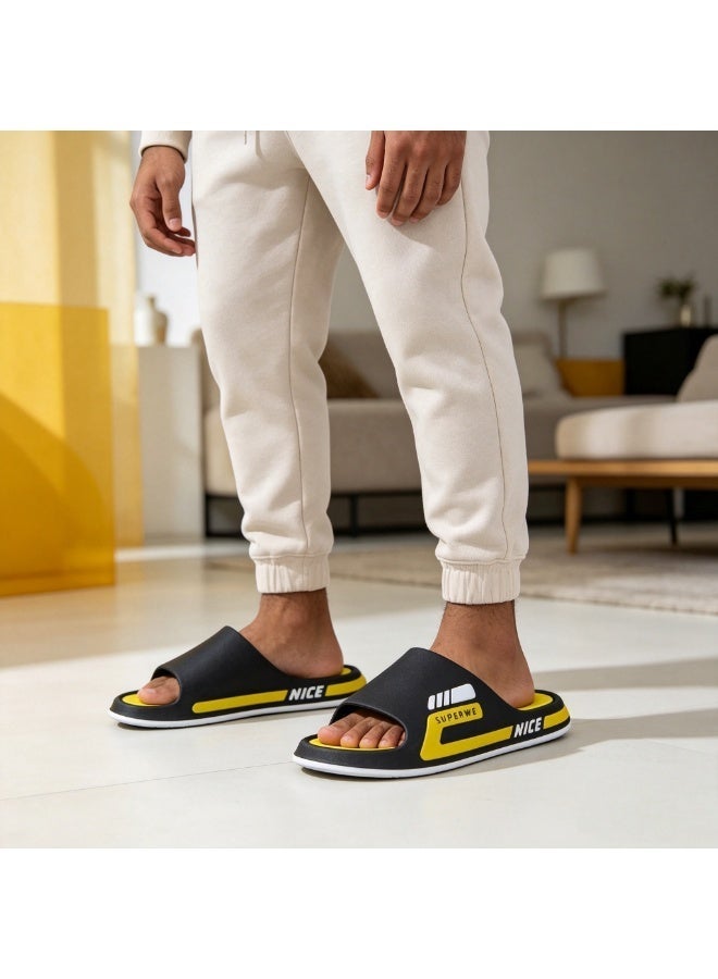 Aethvive Slide Slippers, Unisex Sport Color Block Slides, Non Slip Thick Sole Waterproof Bath Sandals For Men Women Teenagers, Home Shower Beach Outdoor Daily Wear Black Yellow - Image 3