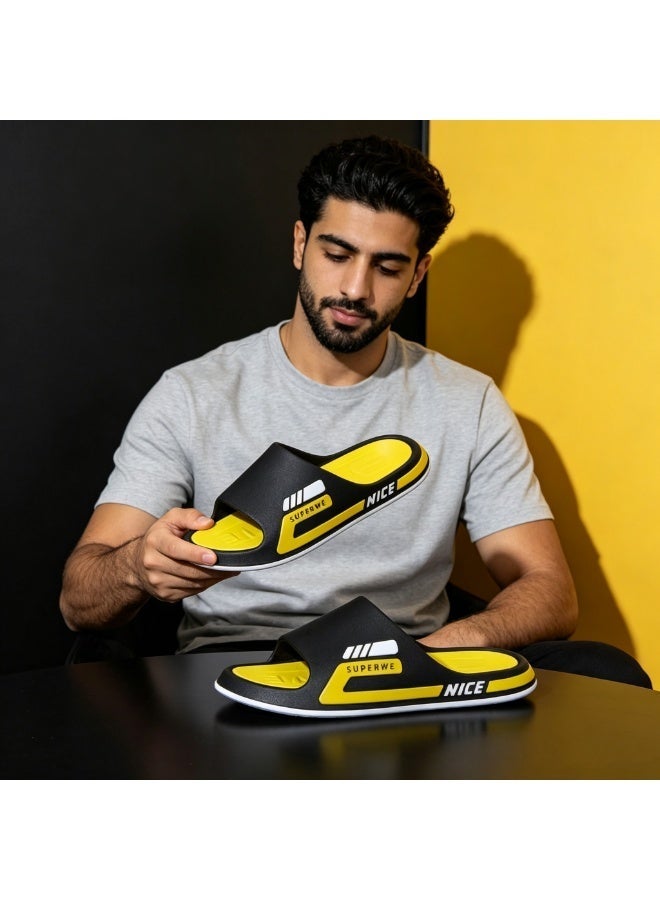 Aethvive Slide Slippers, Unisex Sport Color Block Slides, Non Slip Thick Sole Waterproof Bath Sandals For Men Women Teenagers, Home Shower Beach Outdoor Daily Wear Black Yellow - Image 2